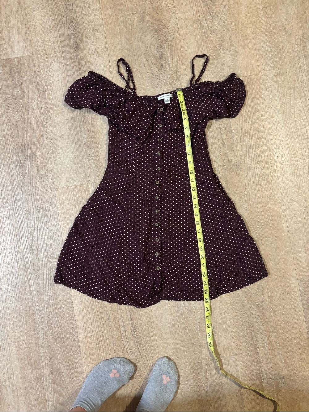 American Eagle Outfitters Burgundy Polka Dot Off-Shoulder Mini Dress - Picture 3 of 5